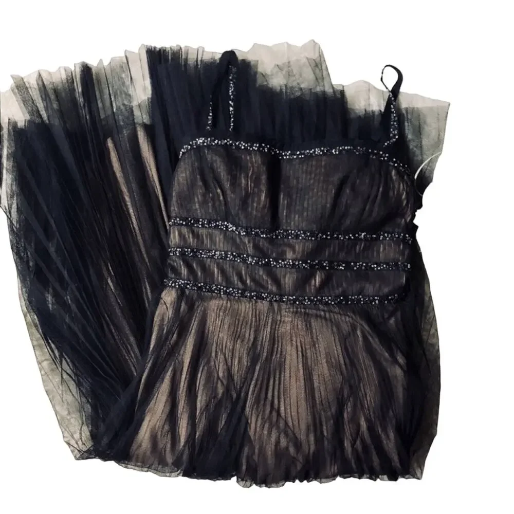 NEW BCBG Max Azria Black Pleated Beaded Tank Top Cocktail Midi Dress M - Picture 9 of 13